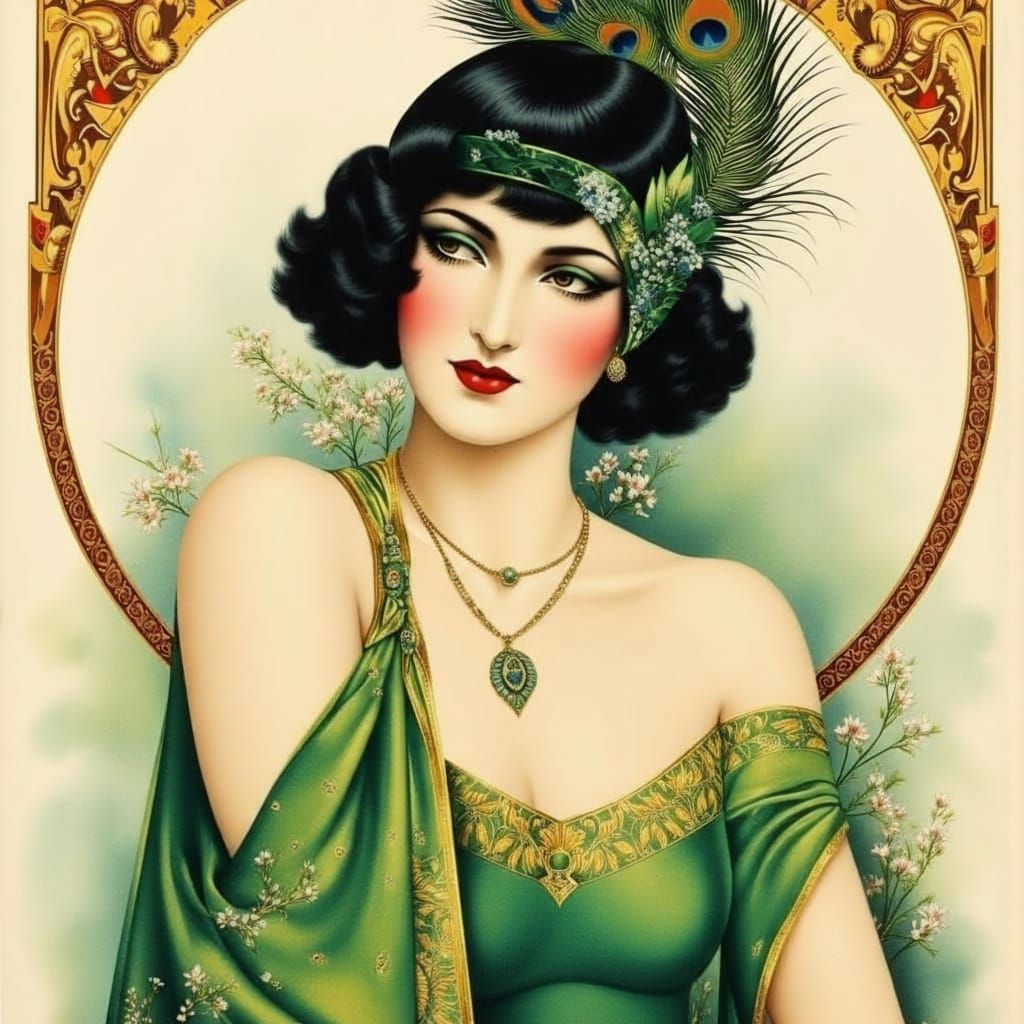 Elegant Flapper Woman in Art Deco Style with Peacock Feather...