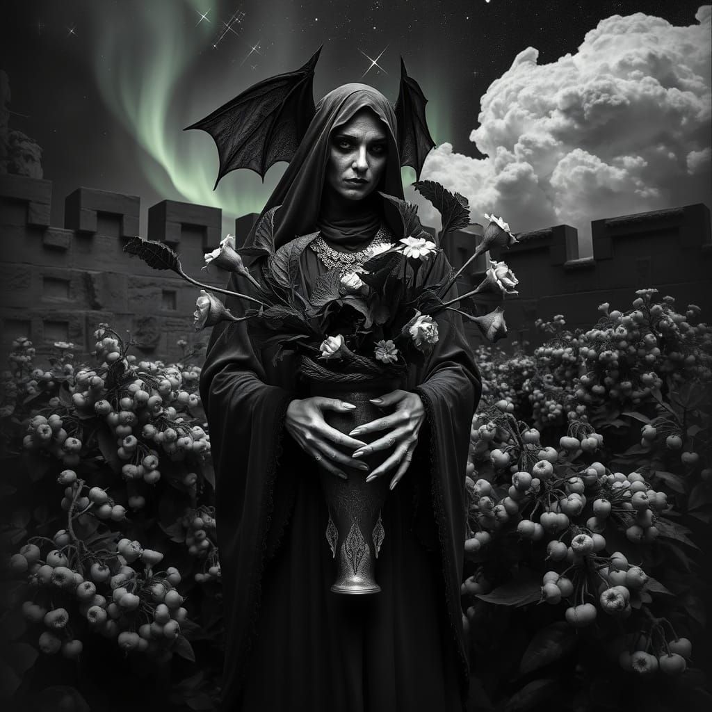 Eerie Vampire Bat Woman in Baghdad Garden