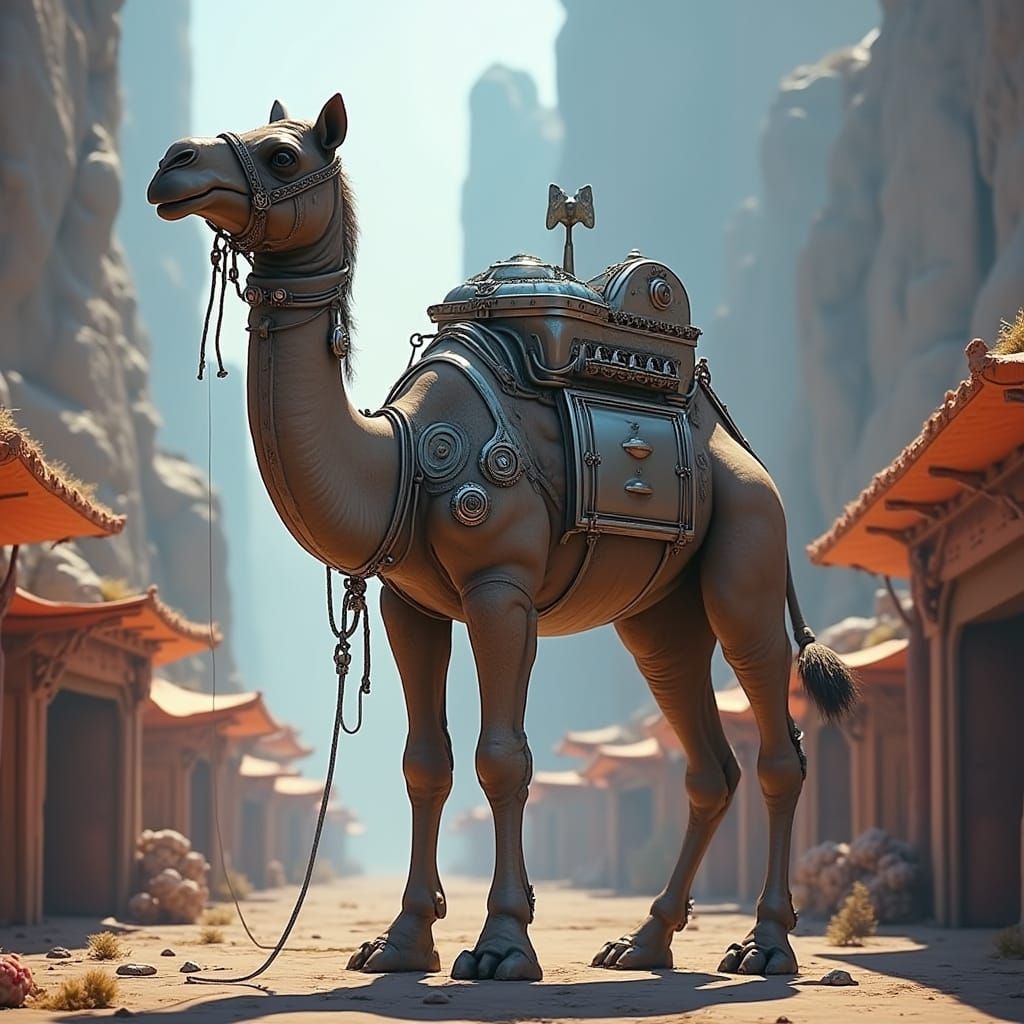 Fantasy Camel-Refrigerator Hybrid in Desert Landscape