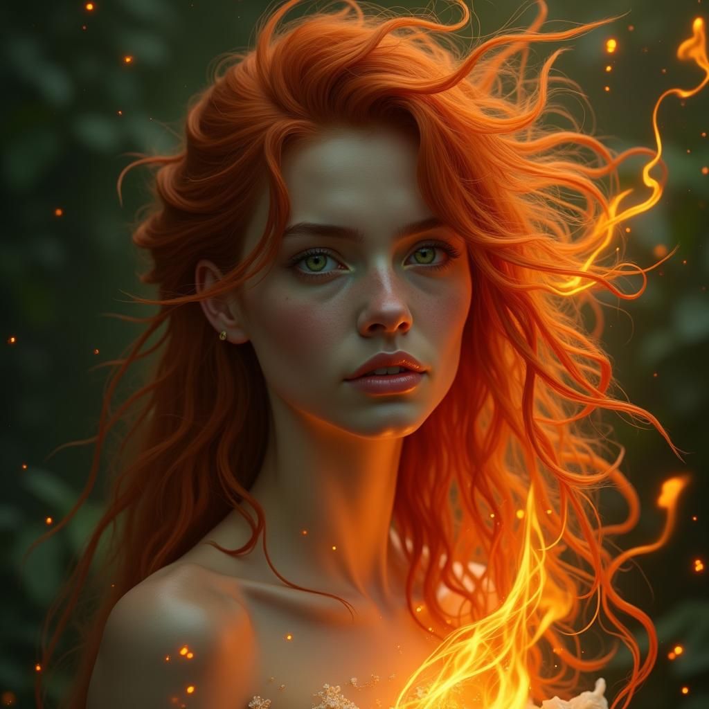 Fiery Woman Portrait in Mystical Forest Setting