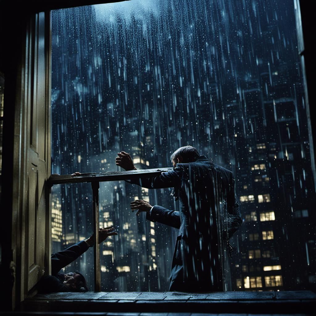 Film Noir a male Detektive rainy NY City Nightsky reflection...
