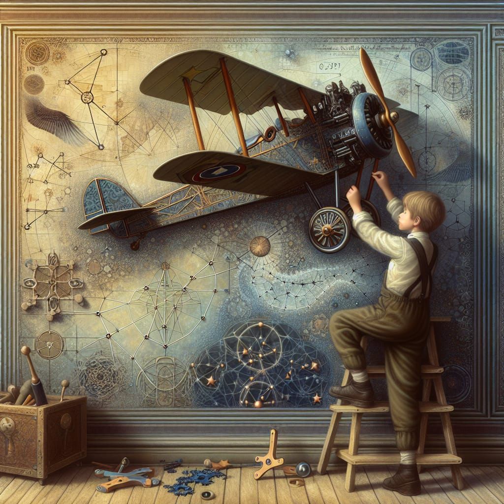 Boy Builds Biplane Emerging from Wall as Vector Art