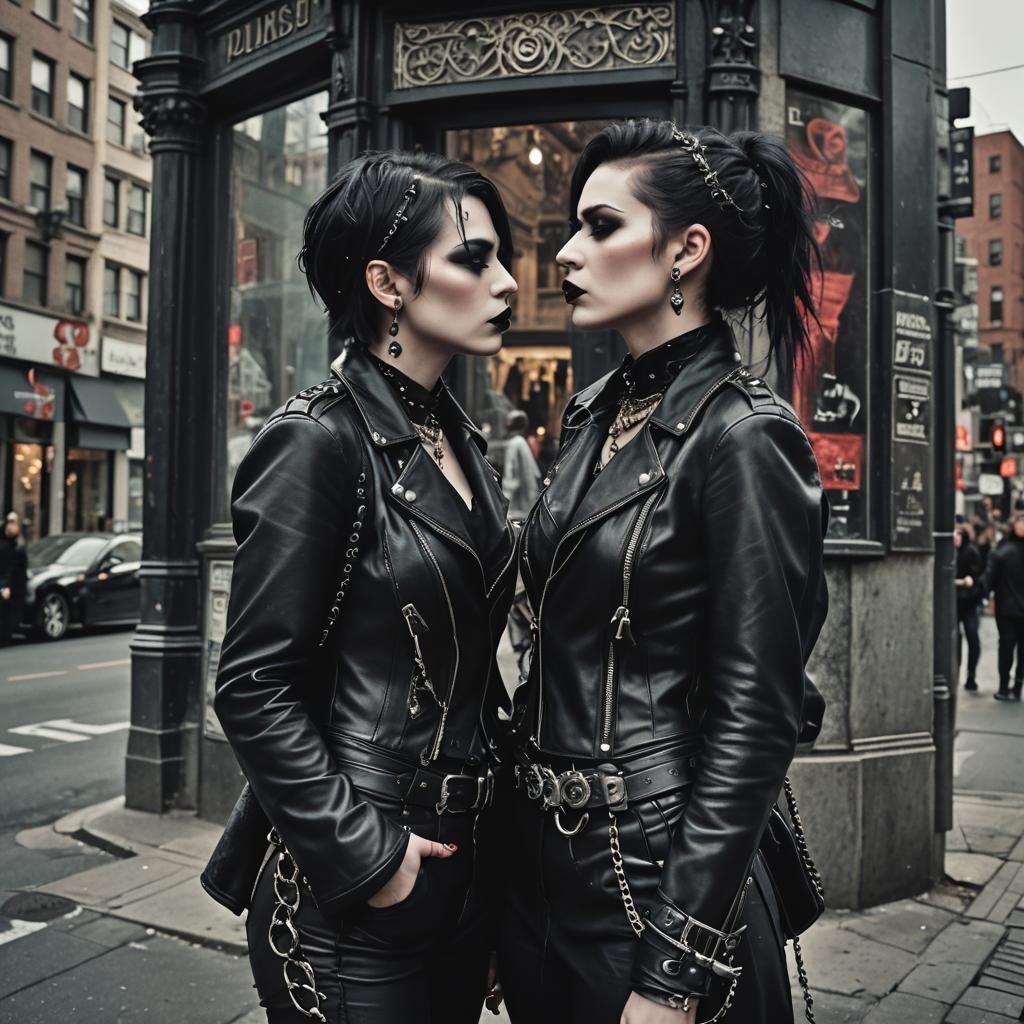 Goth Girls Kissing in Hyperrealistic City Scene