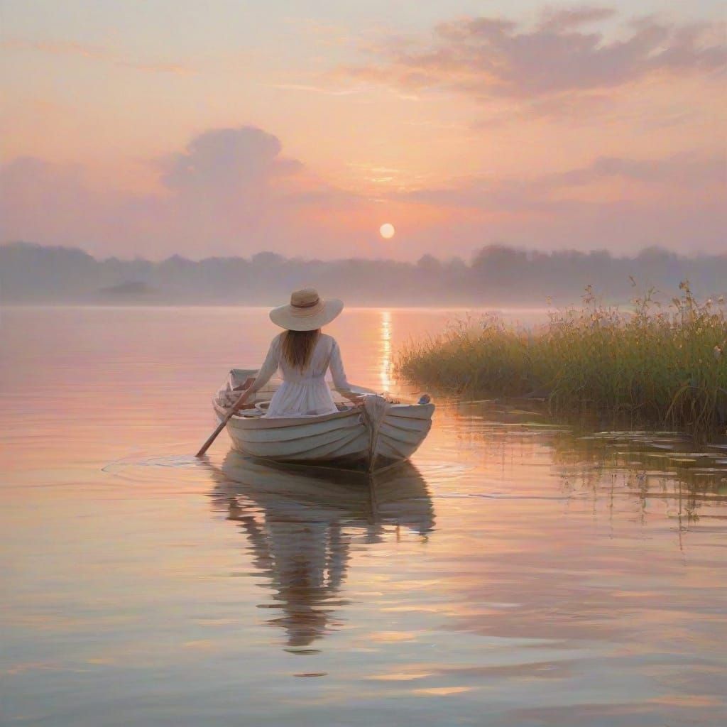 Gentlewoman Rows Boat Under Warm Golden Light