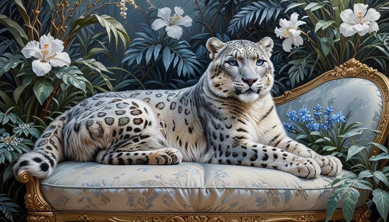 Majestic Snow Leopard Rests in Opulent Winter Garden Oil Pai...