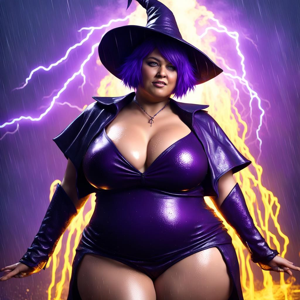 Voluptuous Witch in Rainstorm: Photorealistic Digital Art
