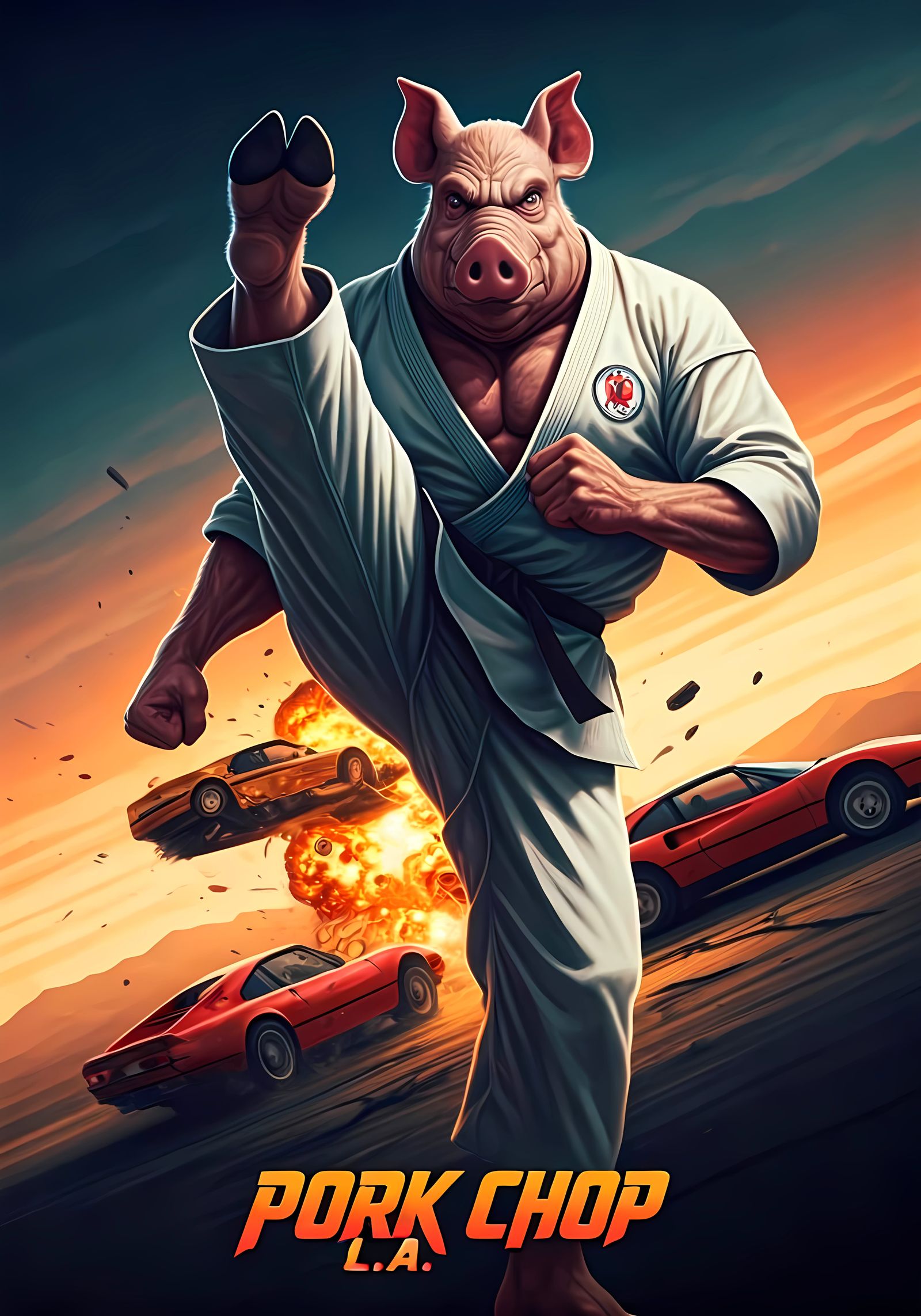 Anthro Pig Chuck Norris Kicking Ferrari in LA