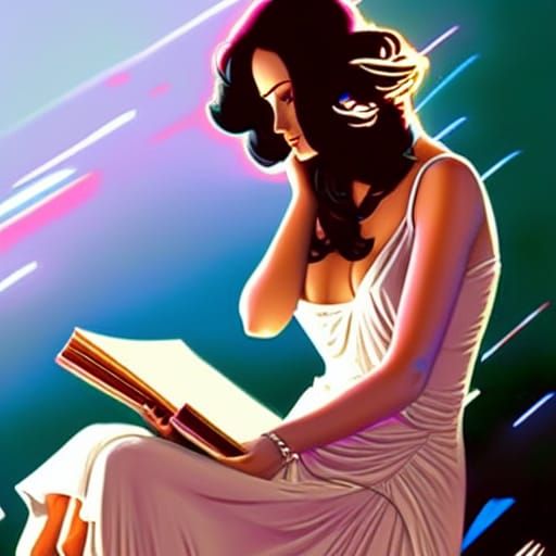 Woman in Disco Dress Reading, Comic Book Art