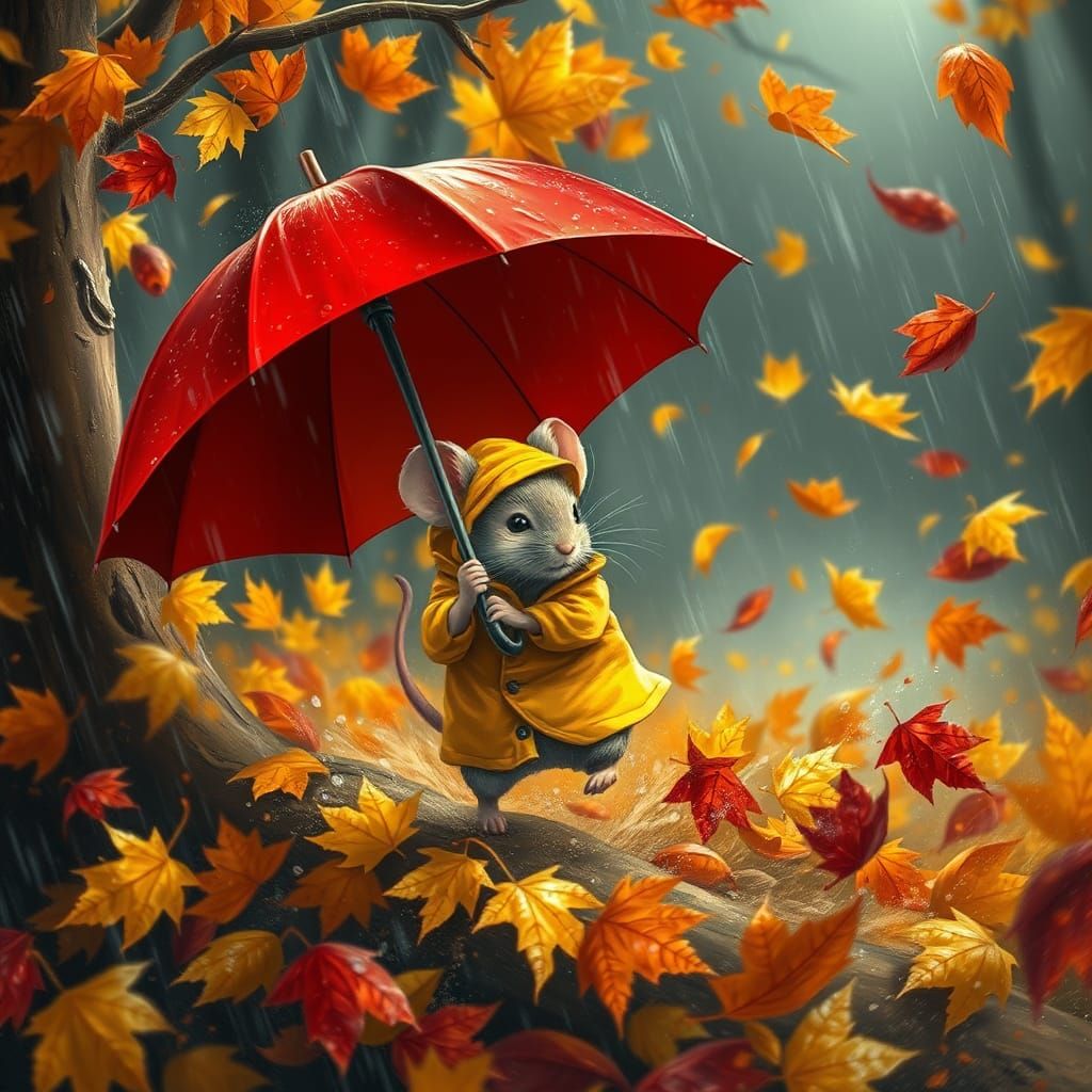 Mouse vs. Hurricane in Autumnal Forest Illustration