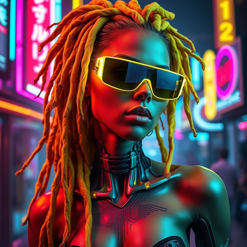 Cyborg Woman with Neon Dreadlocks in Synthwave Style