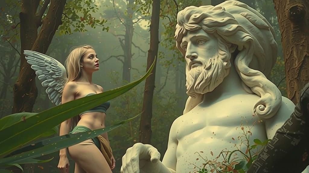 Woman Before Ancient Statue in Autumn Forest