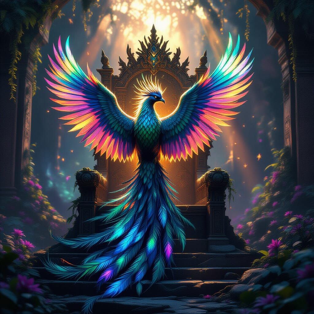 Majestic Phoenix on Ancient Throne in Dark Fantasy Style
