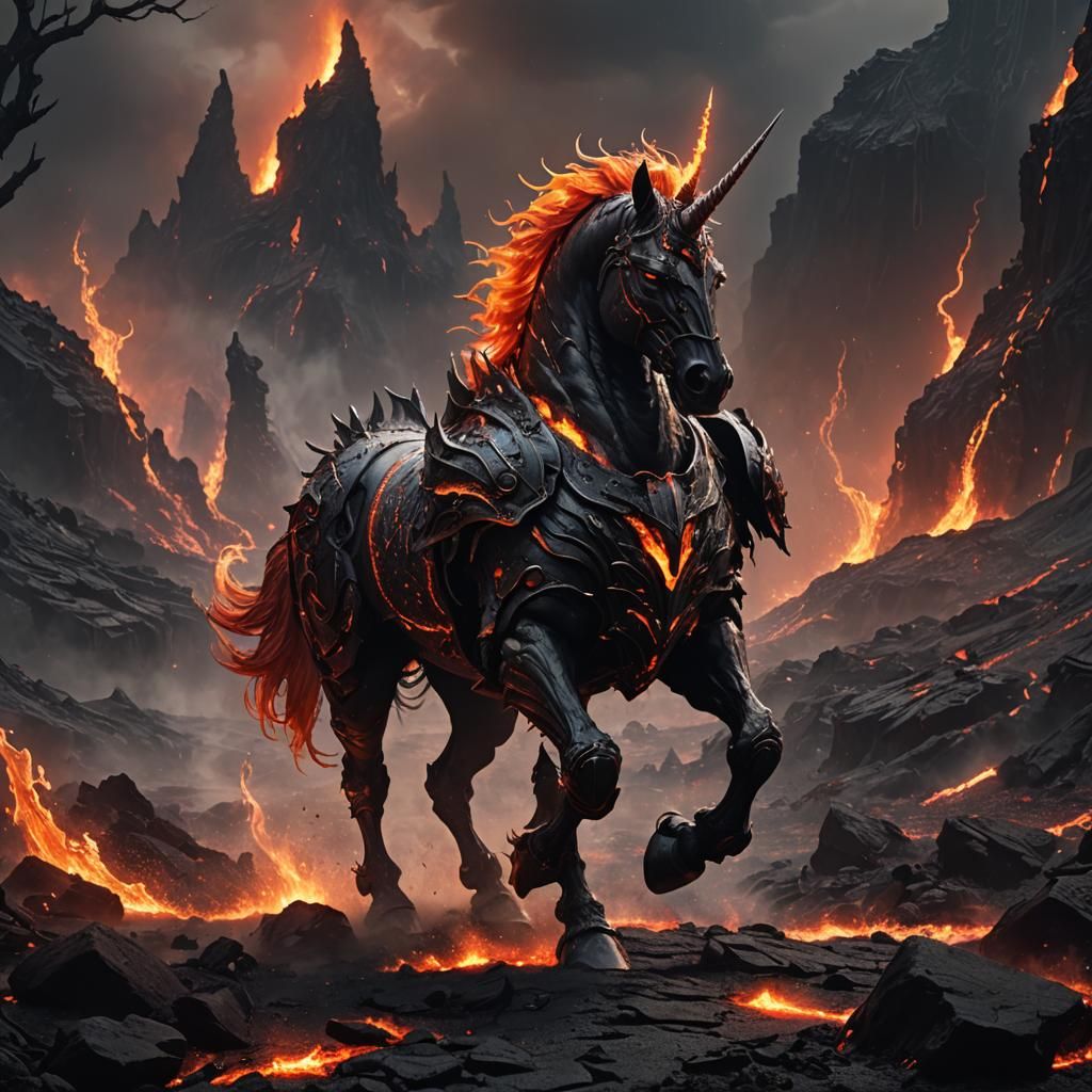 Demonic Unicorn in Apocalyptic Landscape