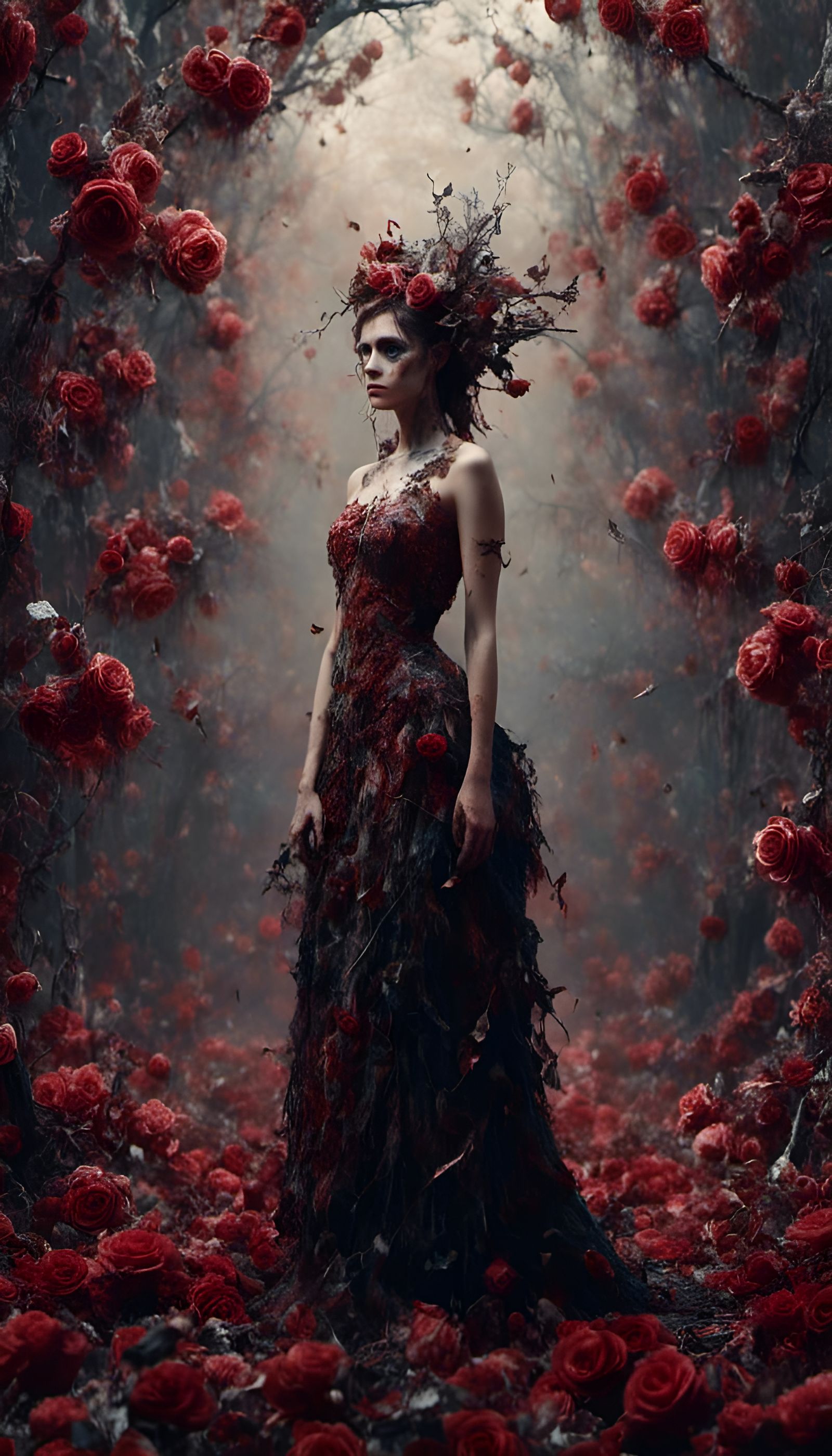 Beautiful Woman in Rose Forest, Hyperreal Digital Art