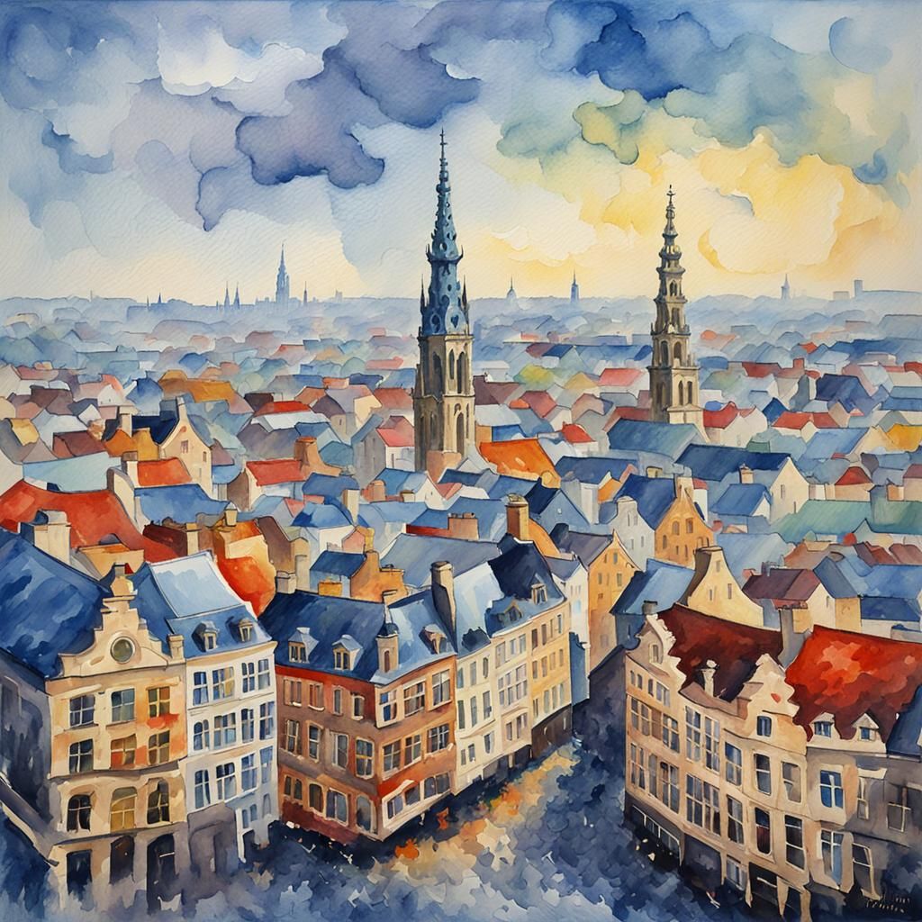 Brussels Skyline in Neo-Impressionist Watercolor
