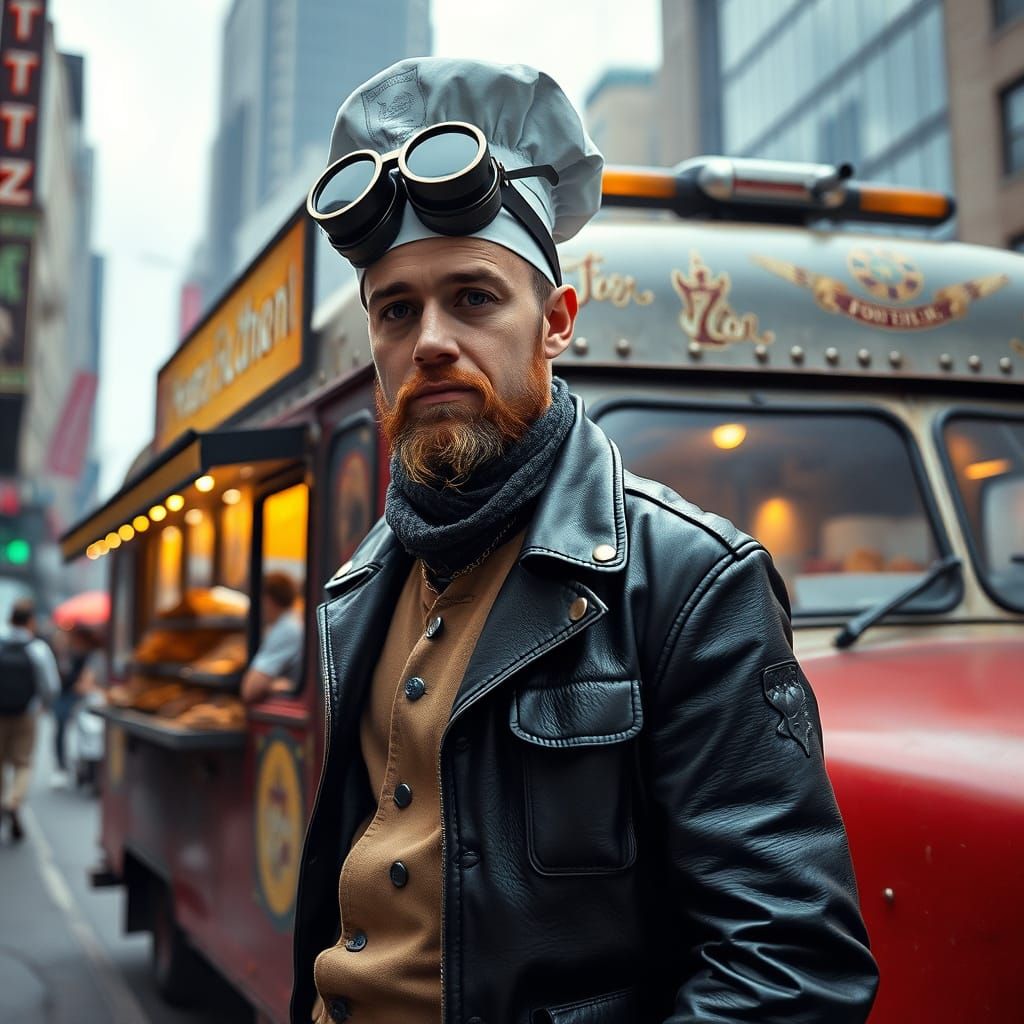 Dieselpunk Chef and Food Truck in City Street