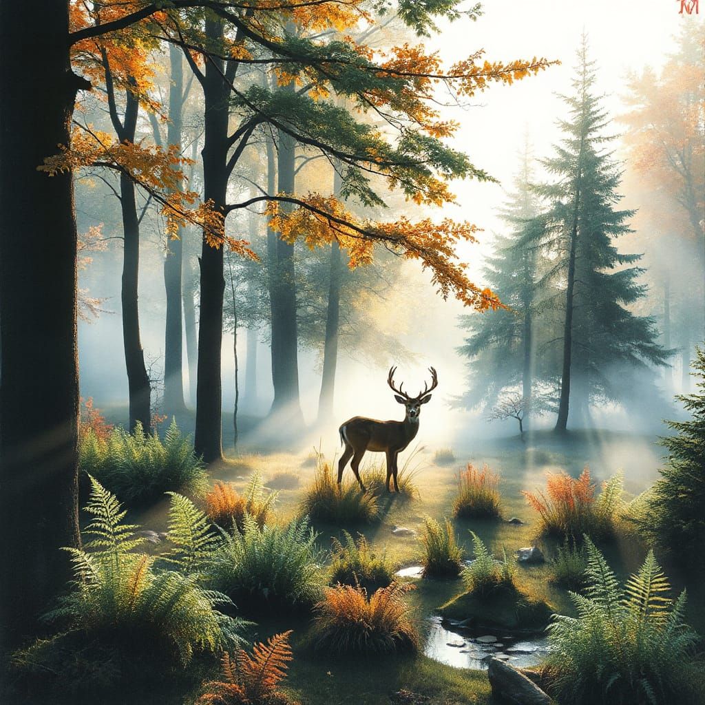 Deer in Misty Woodland: Expressionist-Abstract Fractal Art