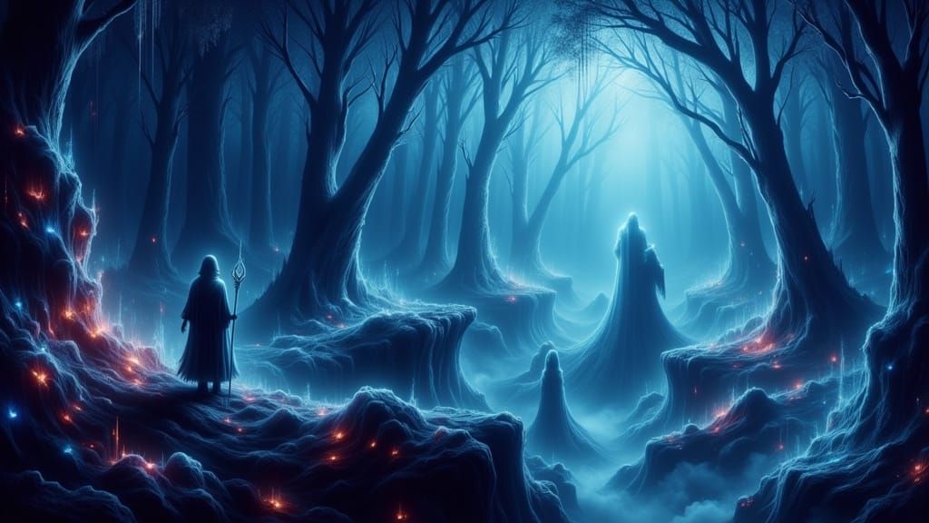 Bioluminescent Forest Fantasy with Cloaked Figure
