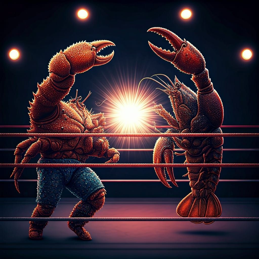 Crab and Lobster Wrestle in Pointillist Fantasy Ring