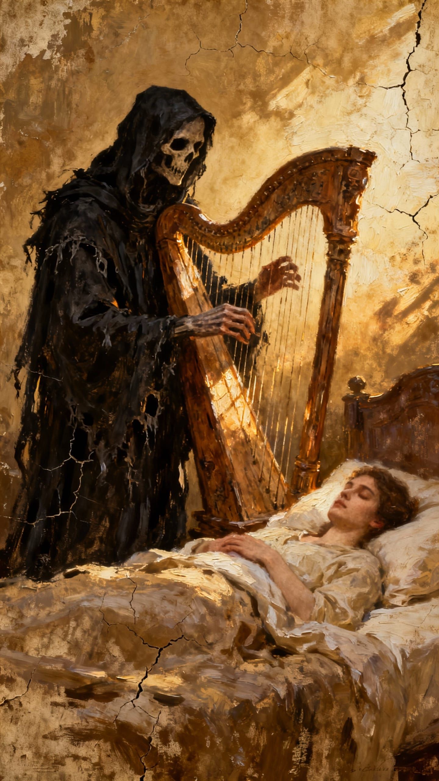 Gothic Grim Reaper Plays Harp, Monet-Inspired