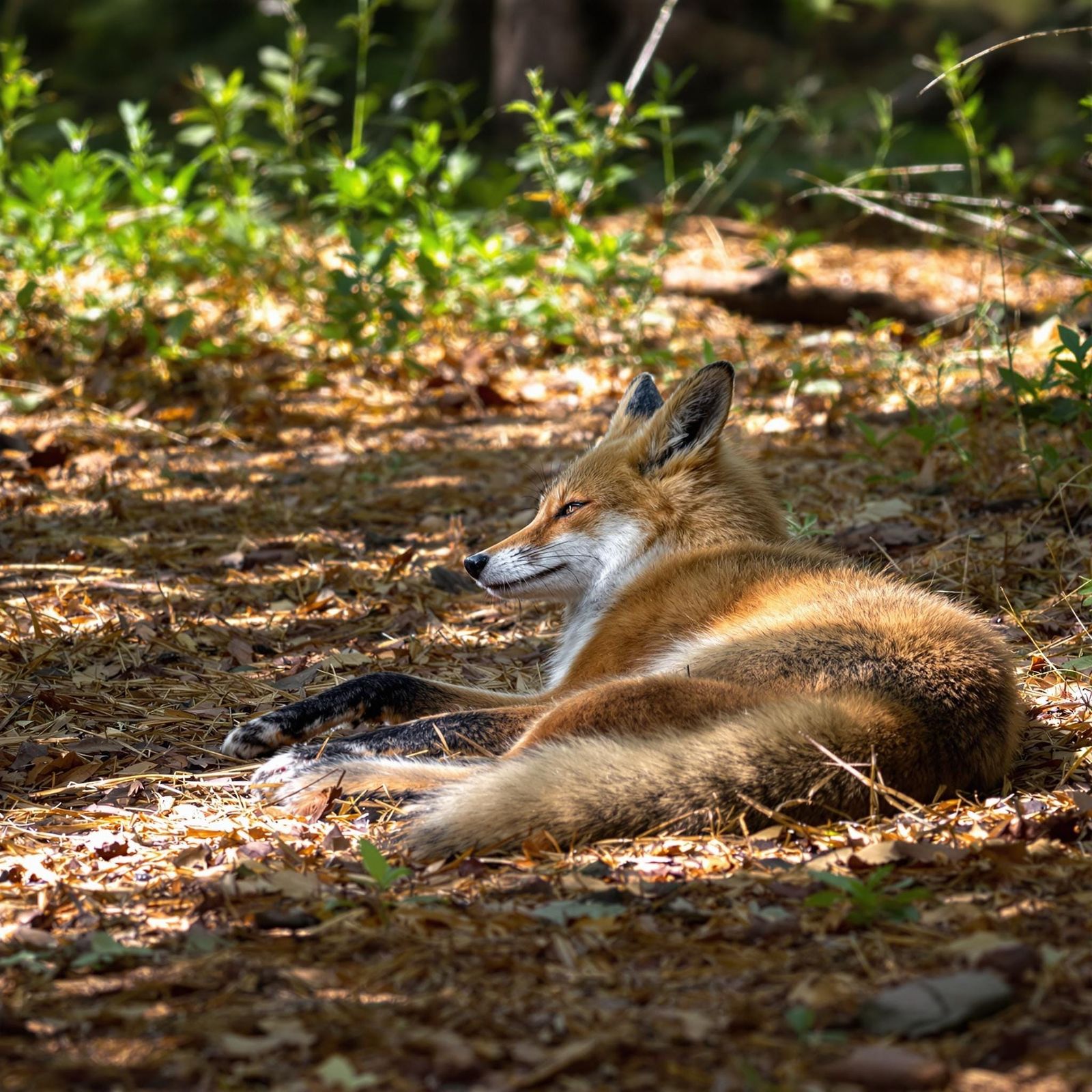 Fox Sunbathing on Forest Floor