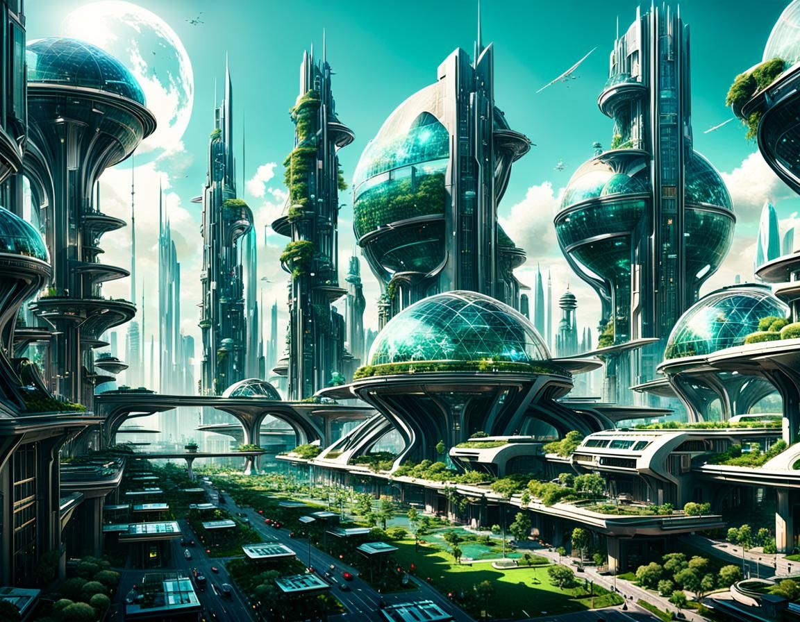 Futuristic Solarpunk Cityscape with Towering Structures