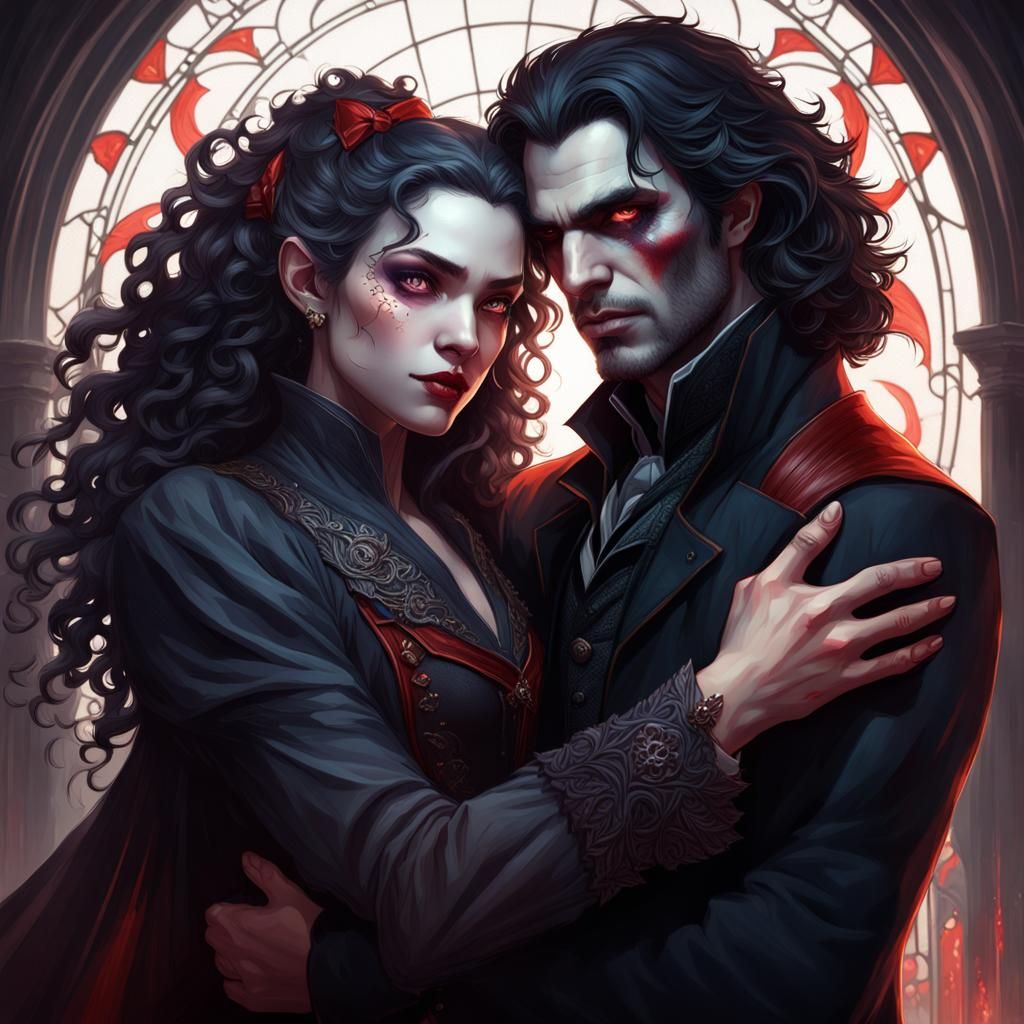 Romantic Vampire Couple Portrait in Art Nouveau Style