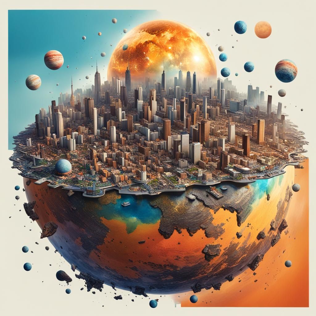 Miniature City Planet Floating in Space