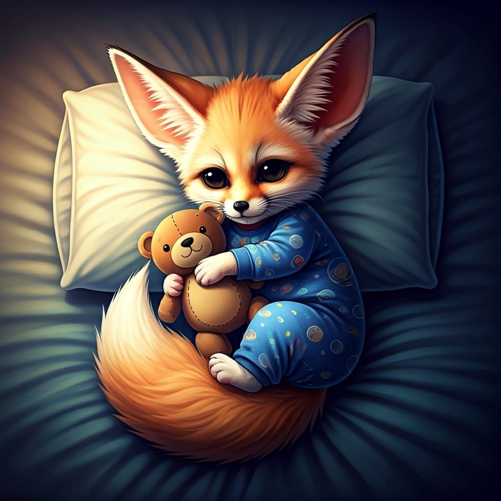 Cartoon Fennec Fox in Space Pajamas, Anime Style