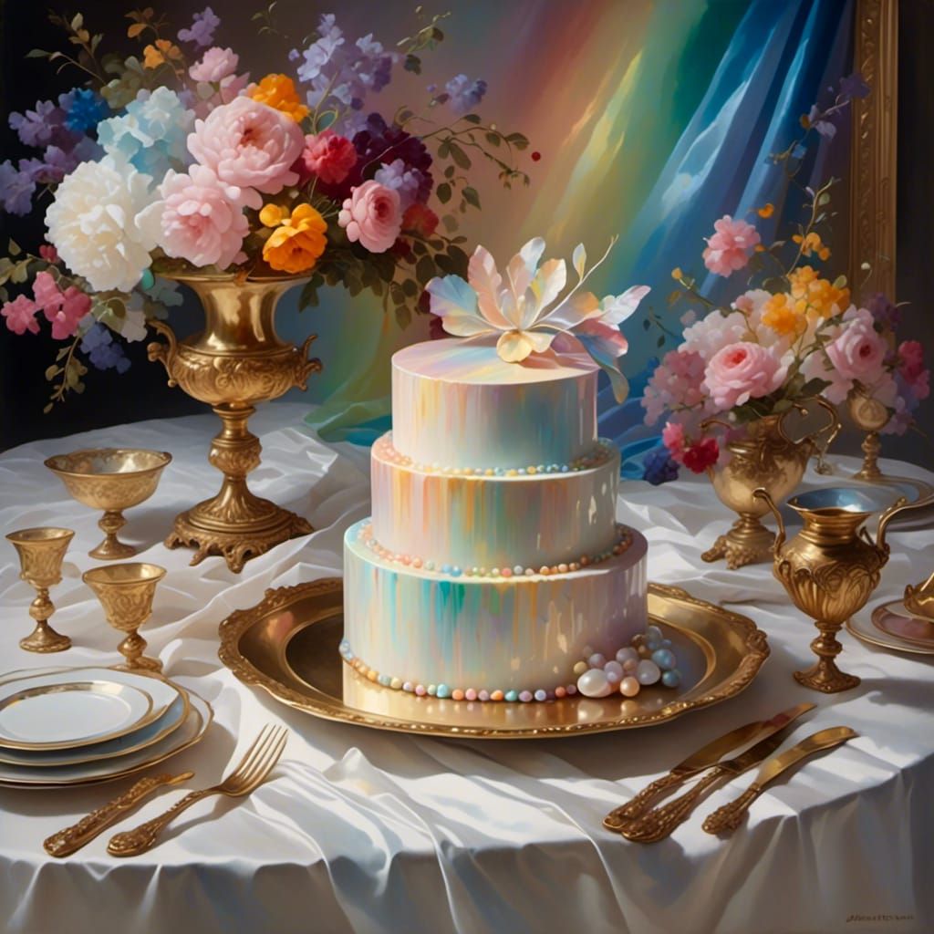Rainbow Opal Cake Still Life in Baroque Style