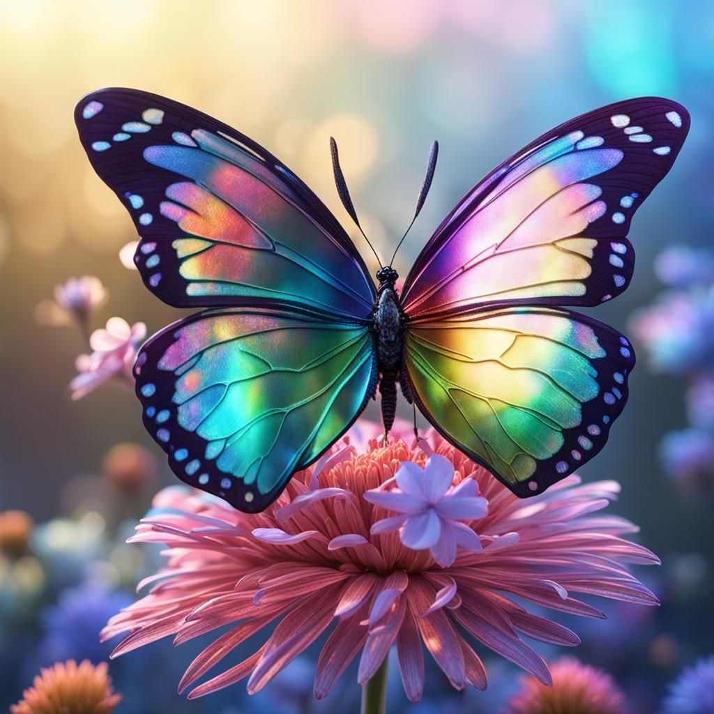Iridescent Butterfly on Flower in 8k