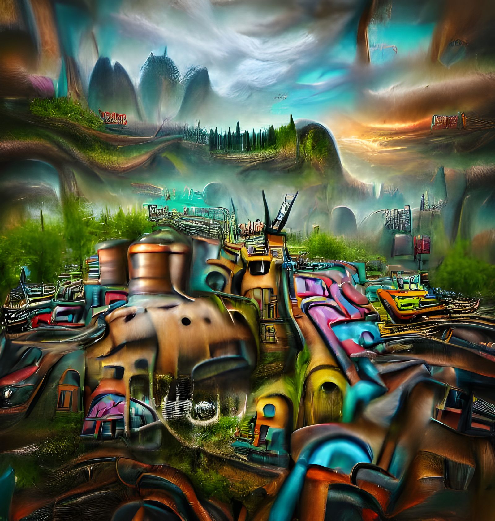 Steampunk Factories Meet Alien Forest in Surreal Landscape