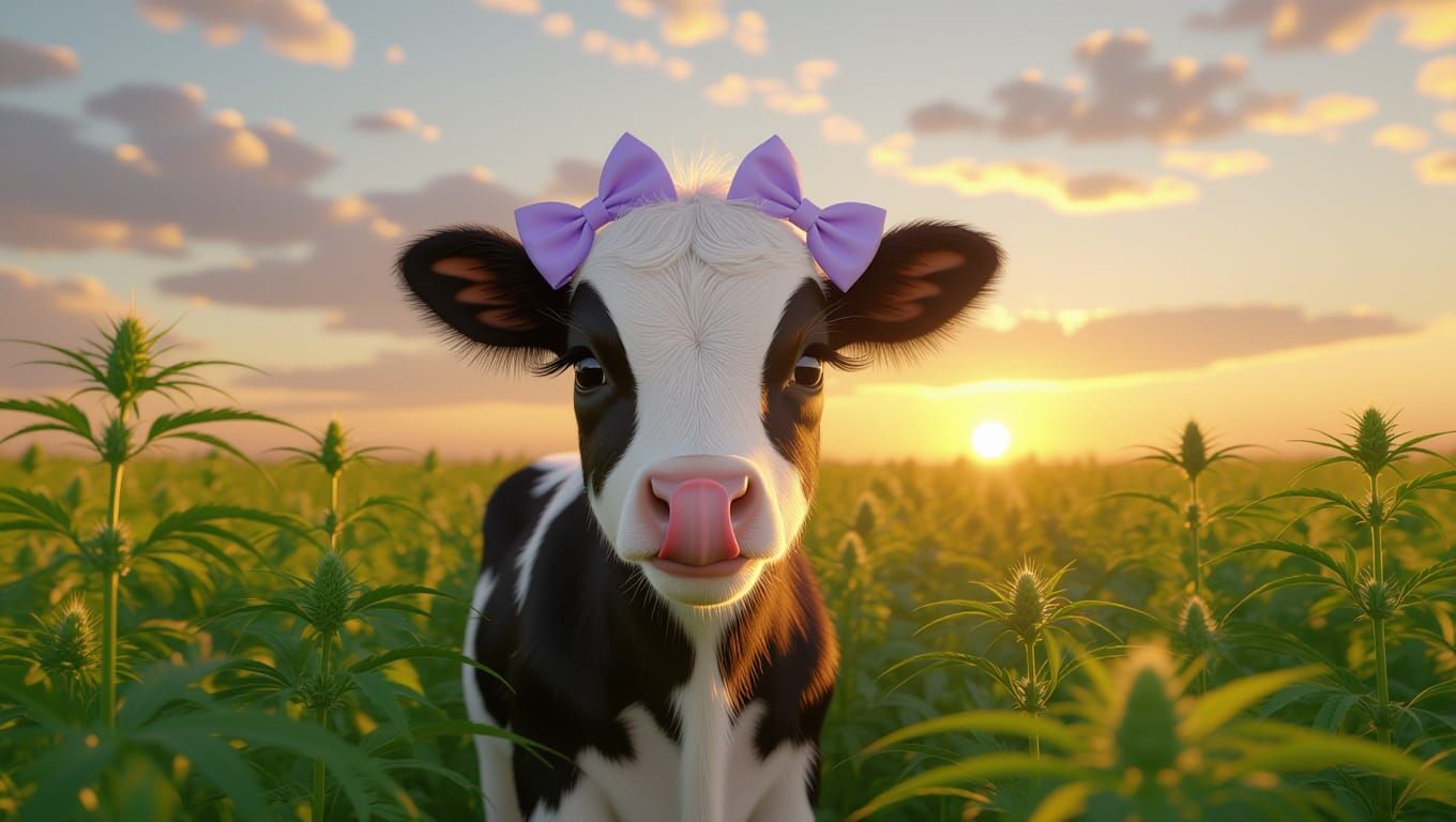 Adorable Calf with Lavender Bows in Hemp Field