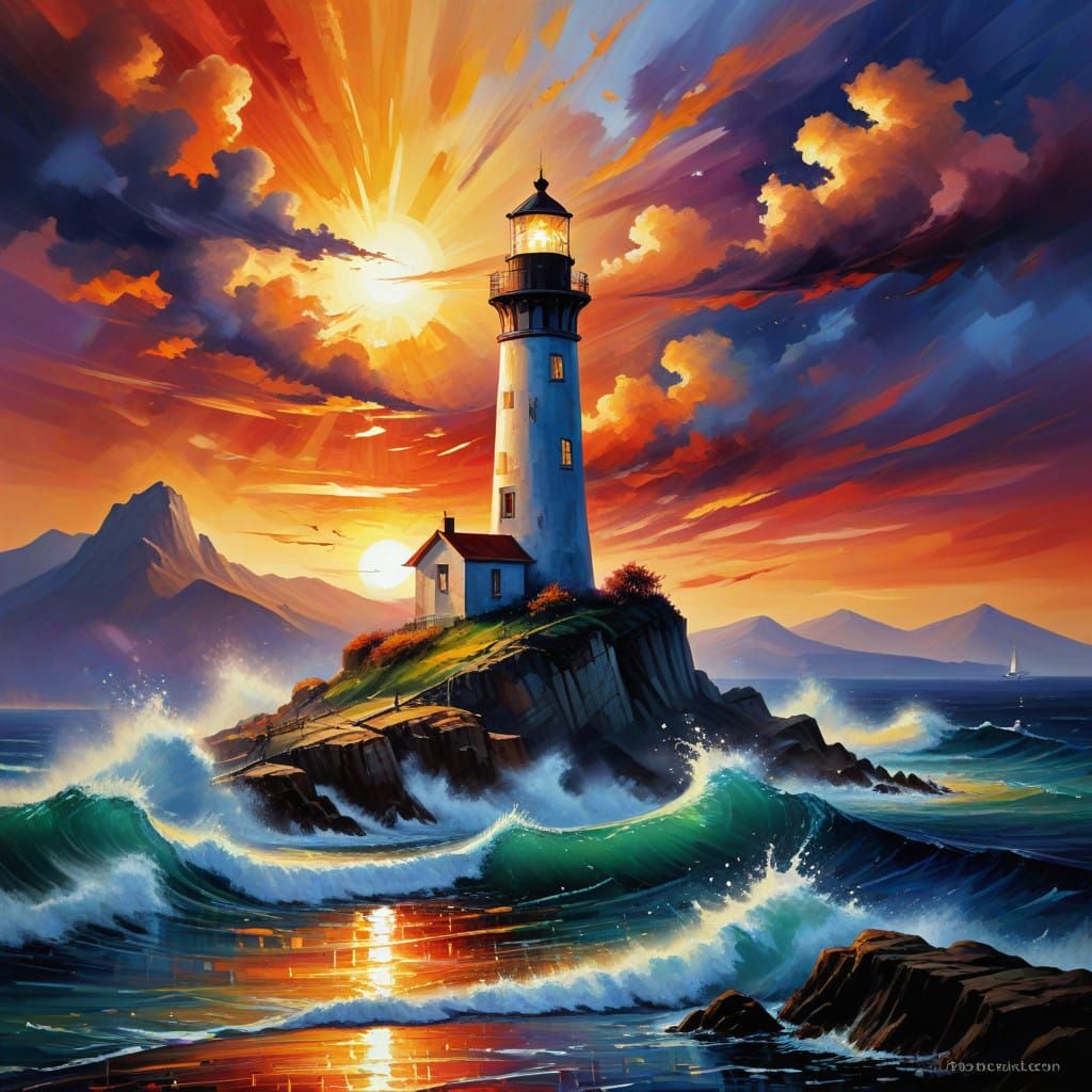 Vibrant Sunset Lighthouse in Thick Impasto Strokes