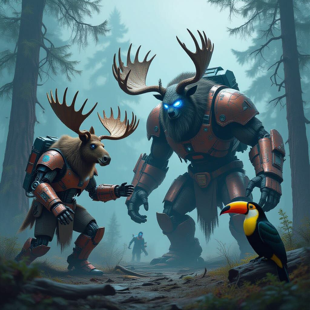 Cybernetic Moose and Reindeer Battle Armored Troll
