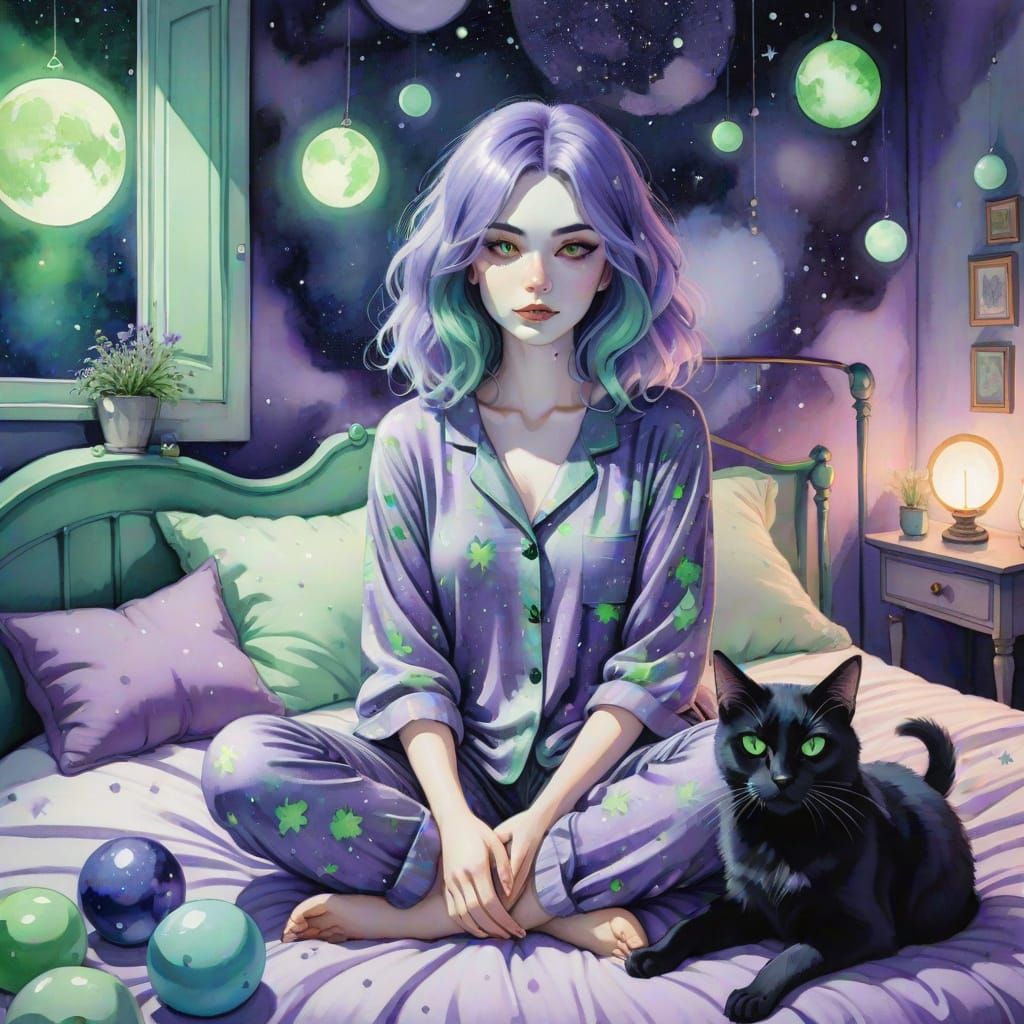 whimsical illustration of a young woman with flowing lavende...