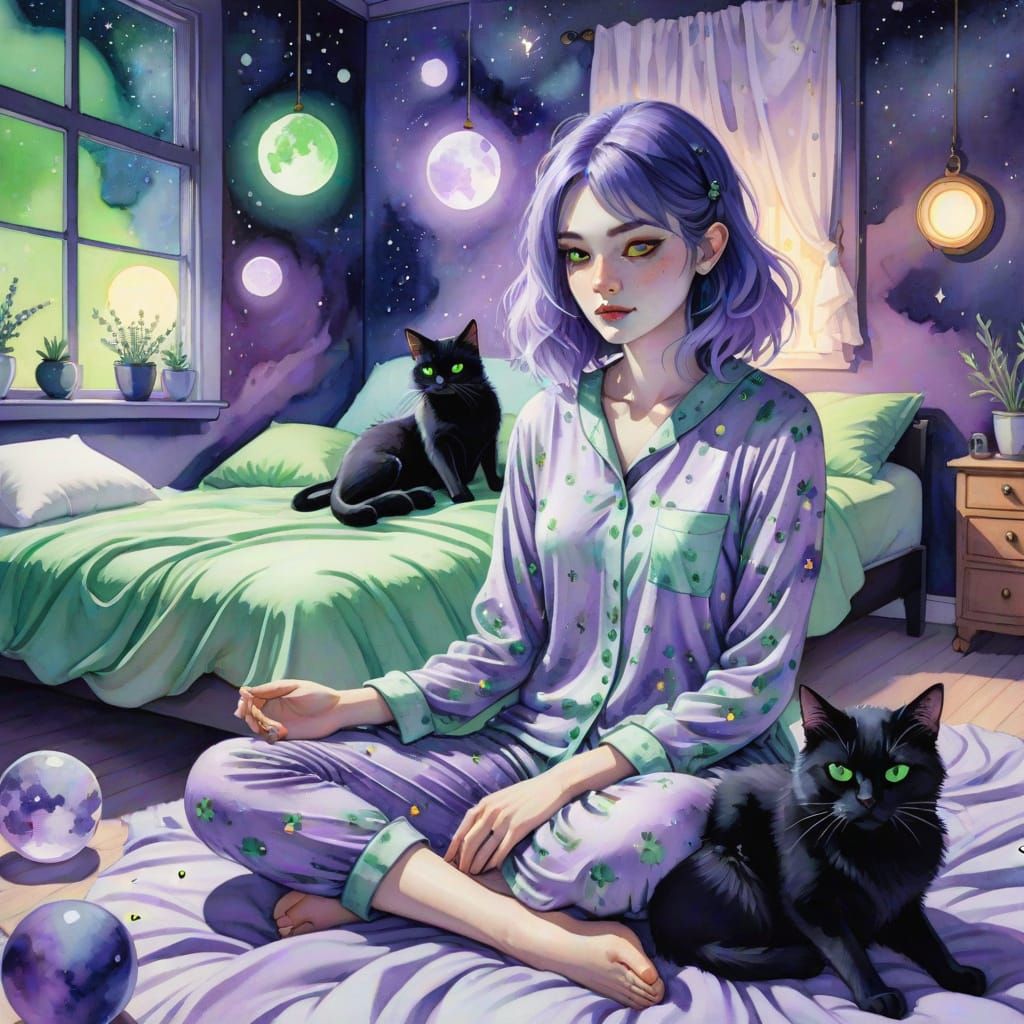 whimsical illustration of a young woman with flowing lavende...