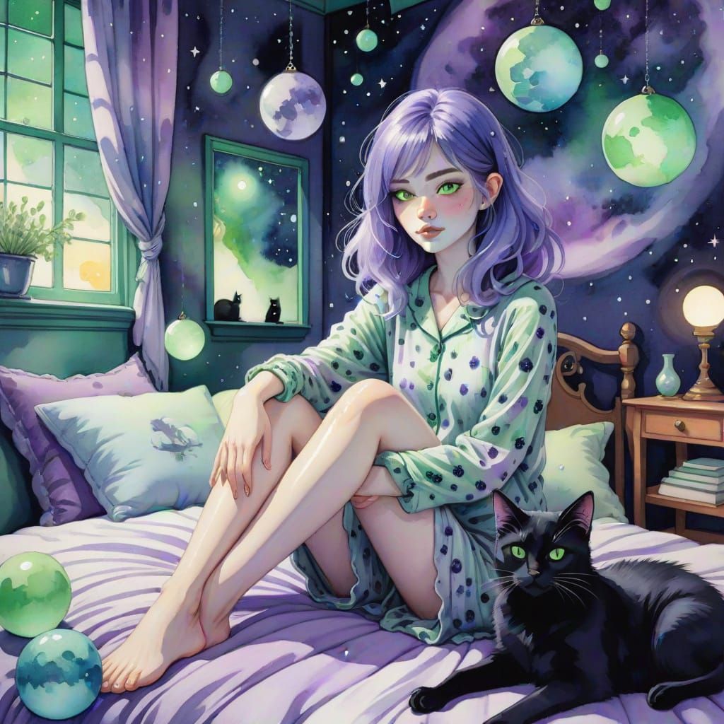 whimsical illustration of a young woman with flowing lavende...