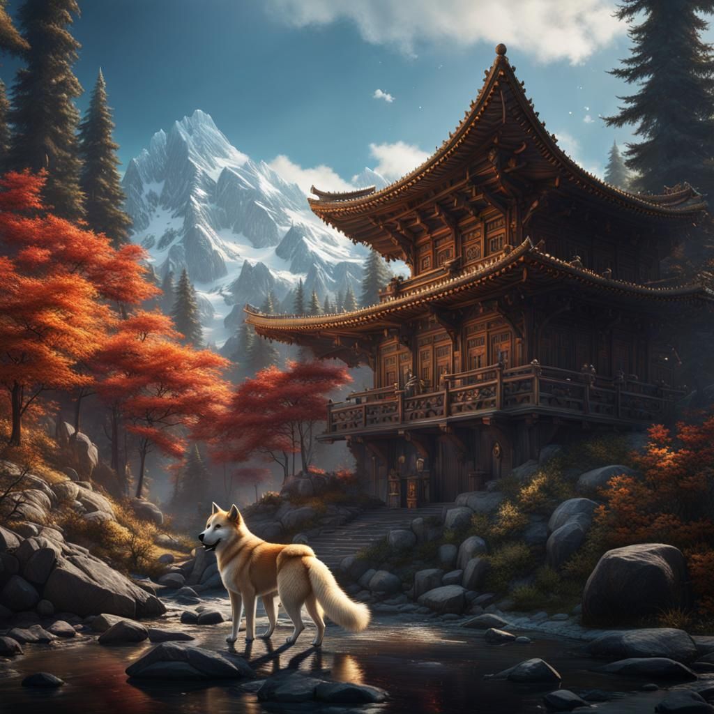 Realistic Akita Inu Dog in Detailed Matte Painting