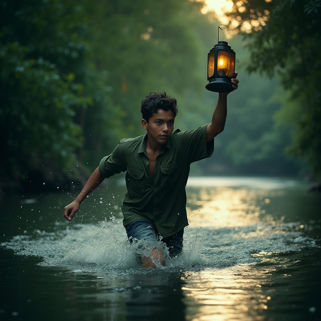 Athletic Boy Flees Whirlpool Holding Lantern Aloft