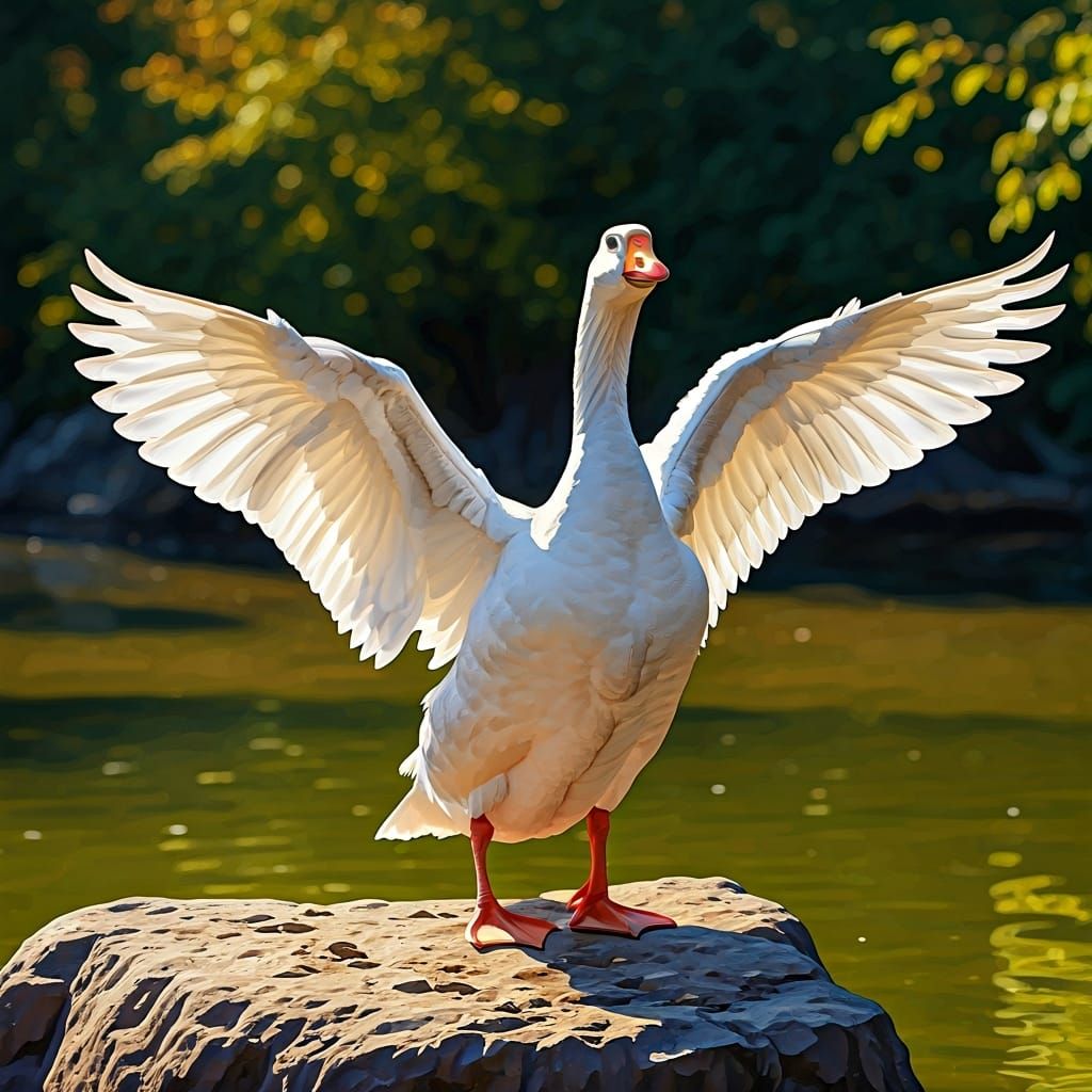 White Goose in Pond: Watercolor Painting