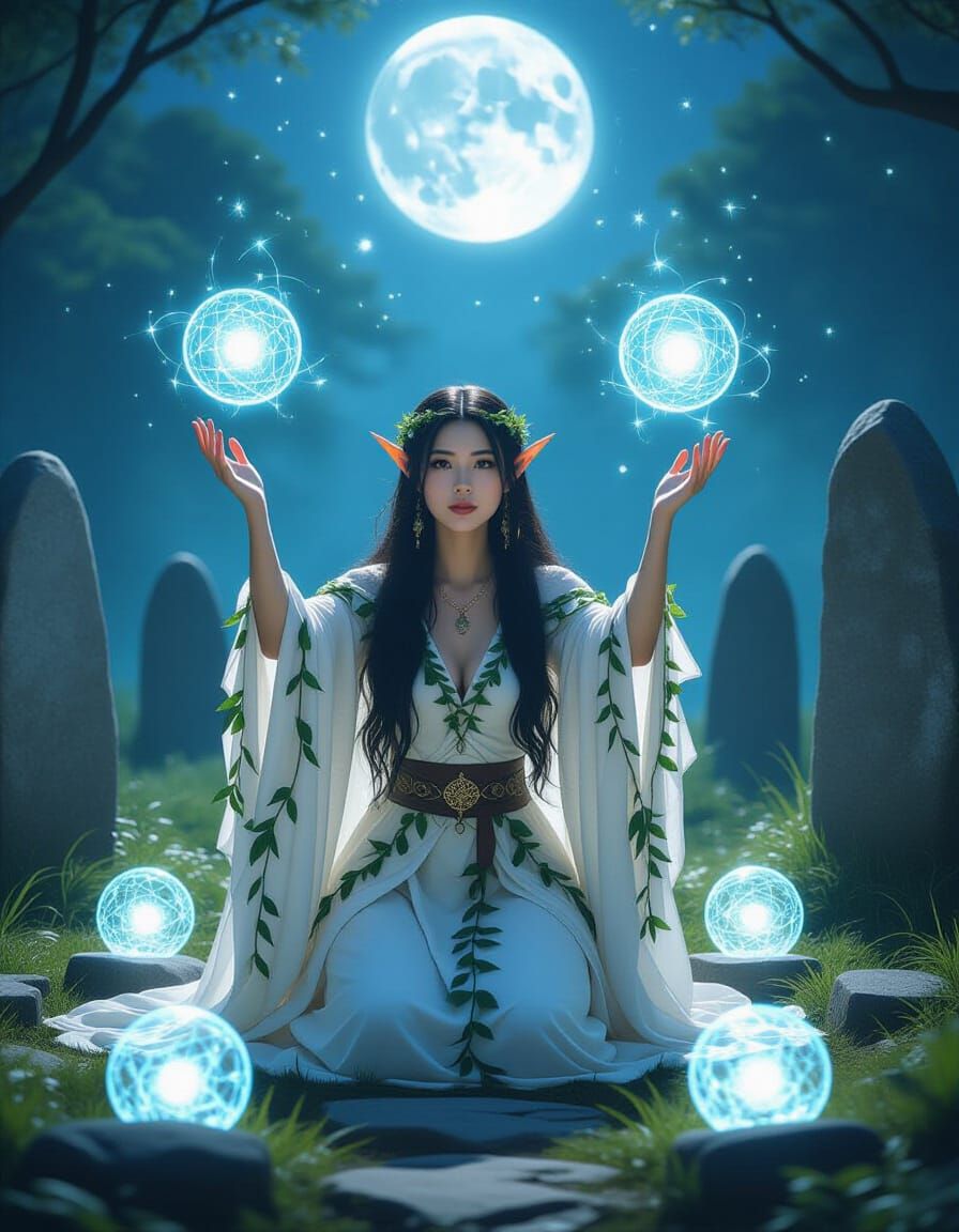 Elven Druidess in Moonlit Forest