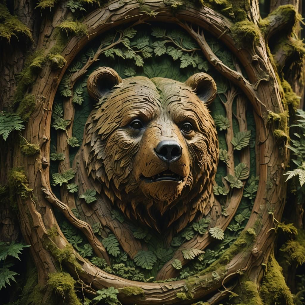 Carved Bear Face in Ancient Forest, Cinematic Style