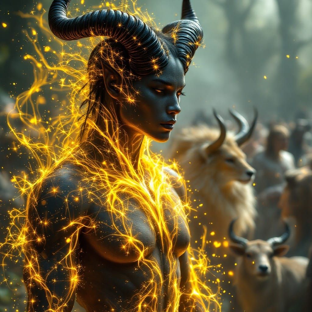 Fiery Horned Being Surrounded by Mythical Creatures