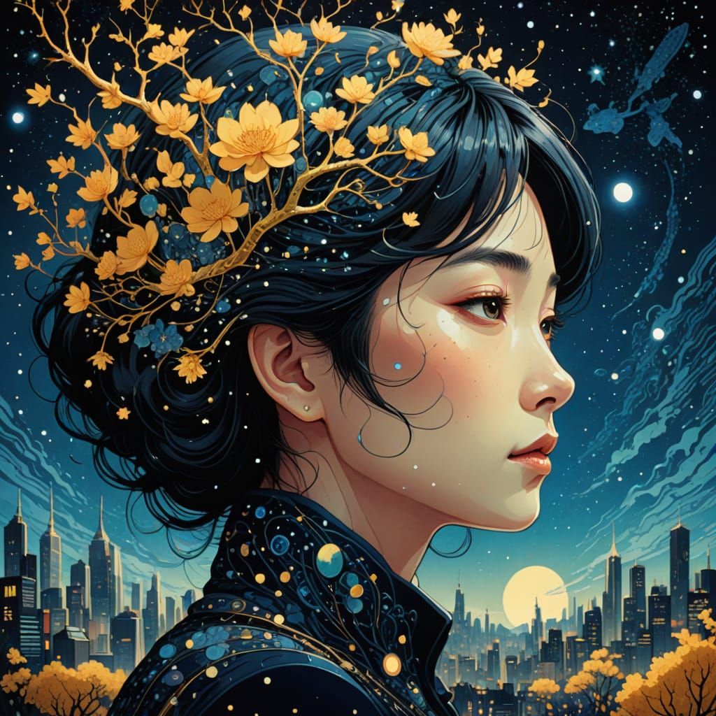 (masterpiece, ultra high quality), futuristic city silhouette made of particles, looking up sky, ornate motifs, night sk...