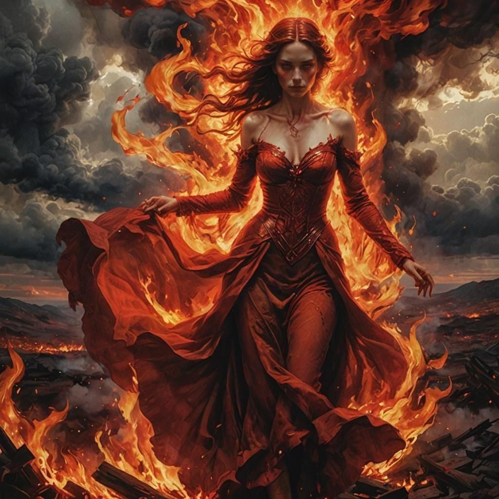 Eerie Crimson Goddess Enveloped in Flames