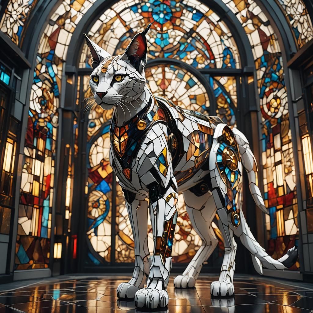 Stained Glass Biomechanical Caracal in Sci-Fi Setting