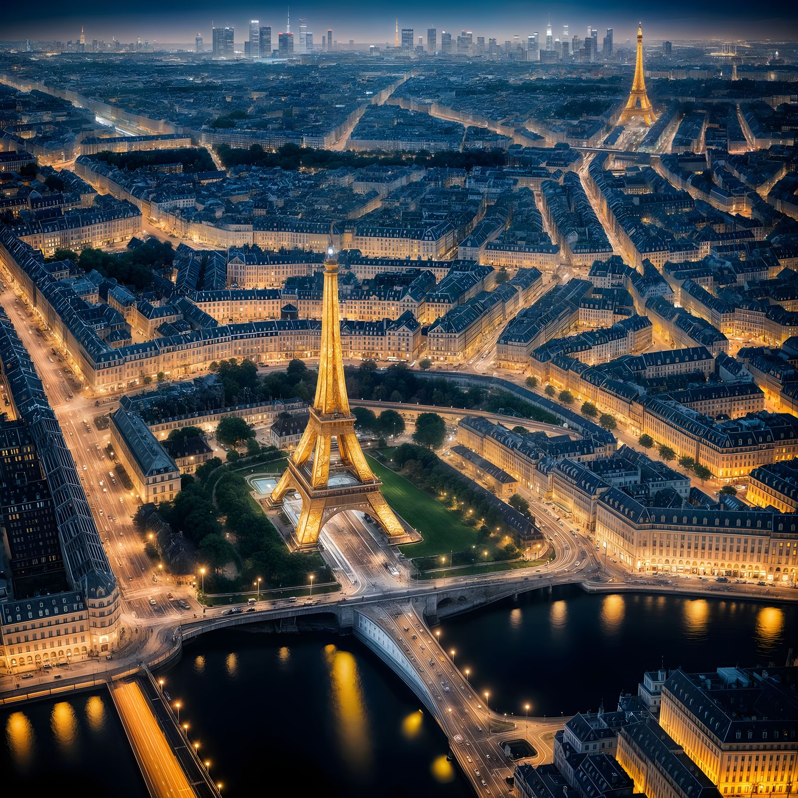 Paris Eiffel Tower Illuminated at Night Aerial View