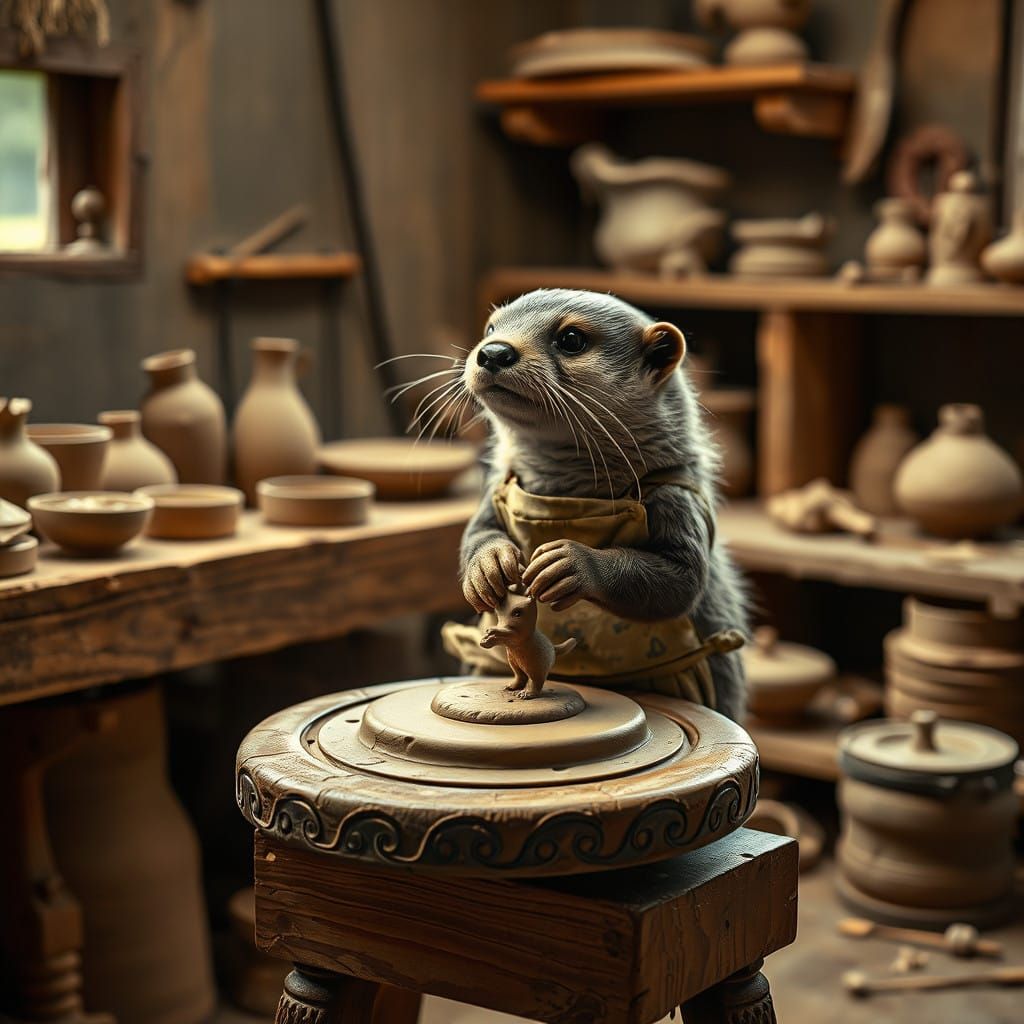 Baby Otter Potter Creates Miniature Clay Figurine in Rustic...