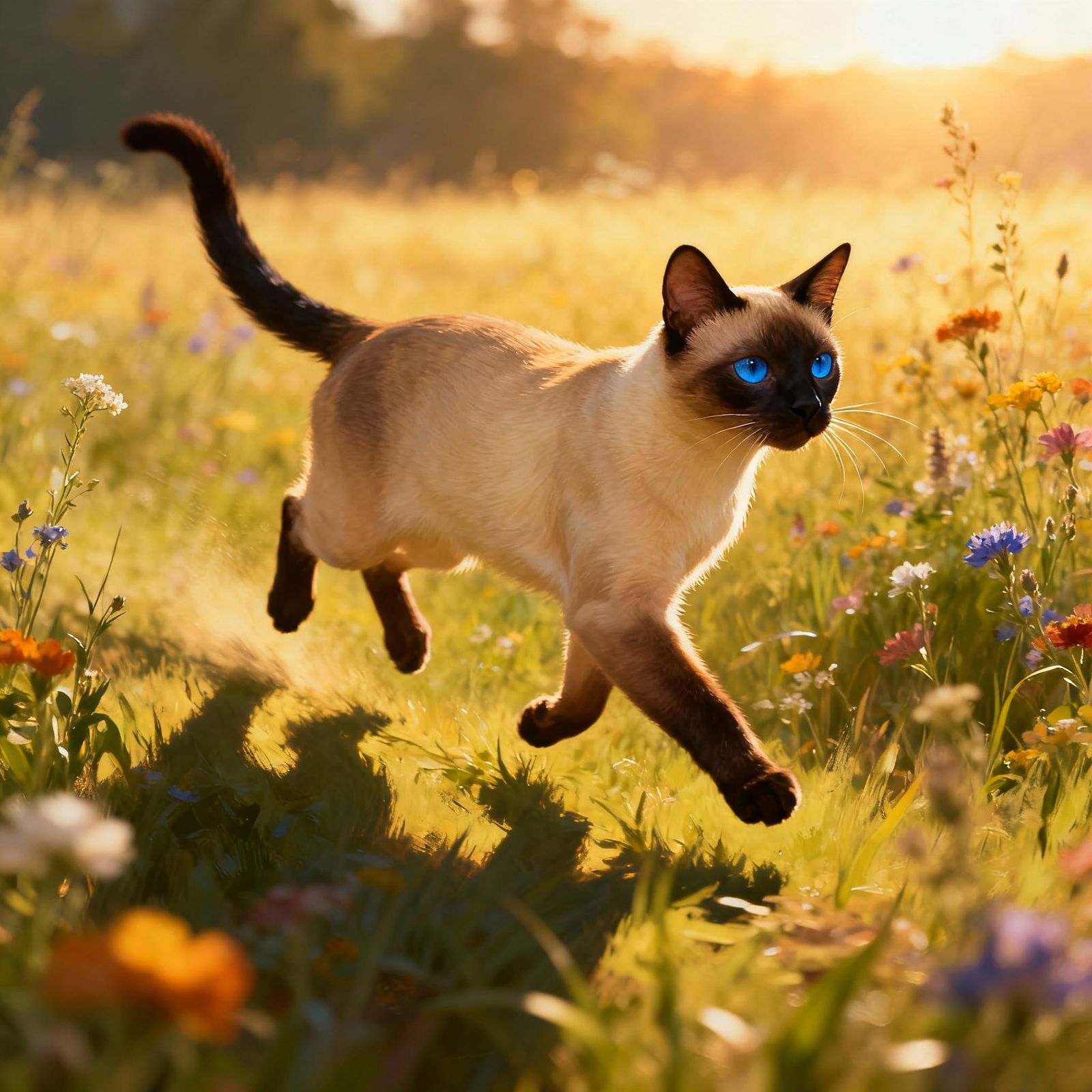 Siamese Cat Running Through Wildflower Meadow at Golden Hour